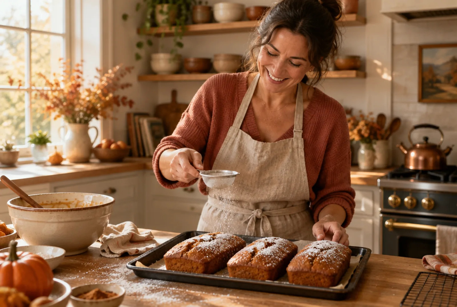 A baker laughing in her kitchen as she dusts sugar over three fresh pumpkin loaves